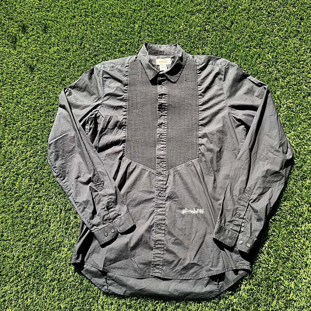 Rare Y2K Diesel Pleated Front Long Sleeve Embroidered Logo Button Down